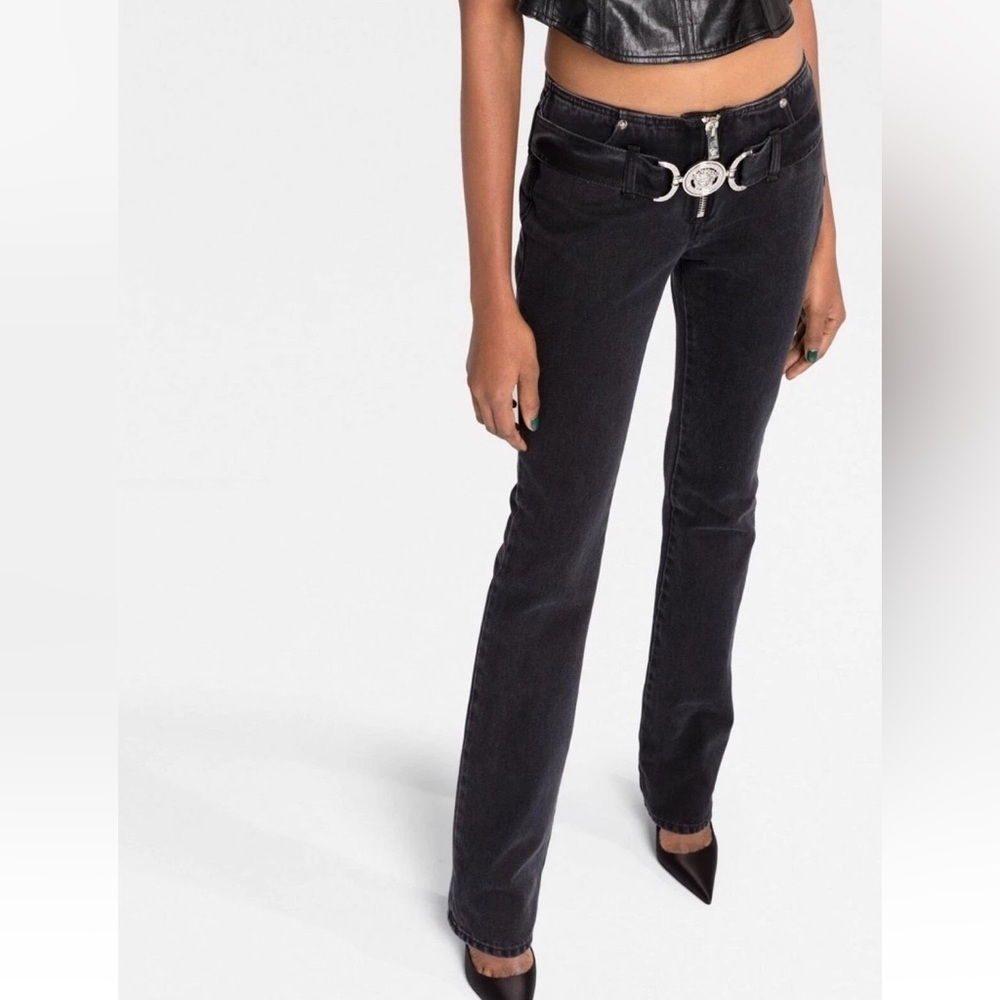 Versace Medusa Belted Low Rise Flare Jeans Faded Washed Black Size 30 NWT